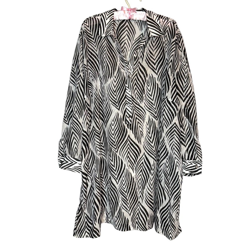 Talbots Woman Black White Fern Print Popover Top 3X Blouse Roll-tab Flowy Sheer